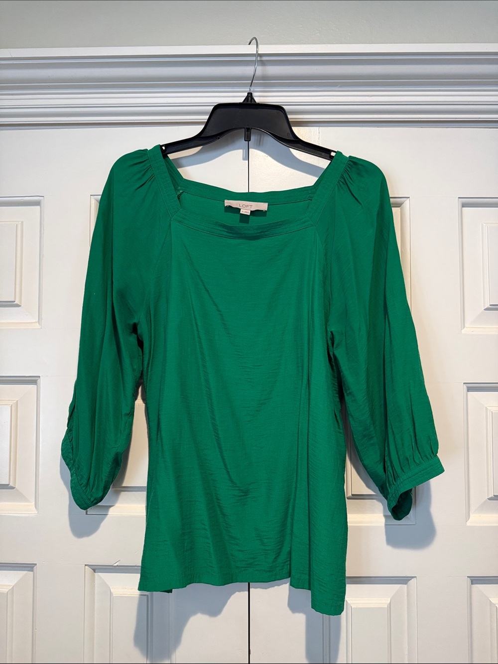 LOFT Emerald Green Square-Neck Blouse with Puff Sleeves